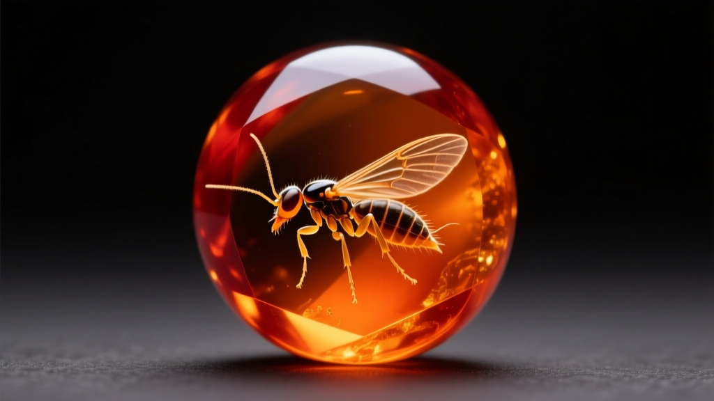 Close-up of a clear cherry amber bead revealing a preserved prehistoric gnat inclusion suspended in vibrant orange gemstone resin.