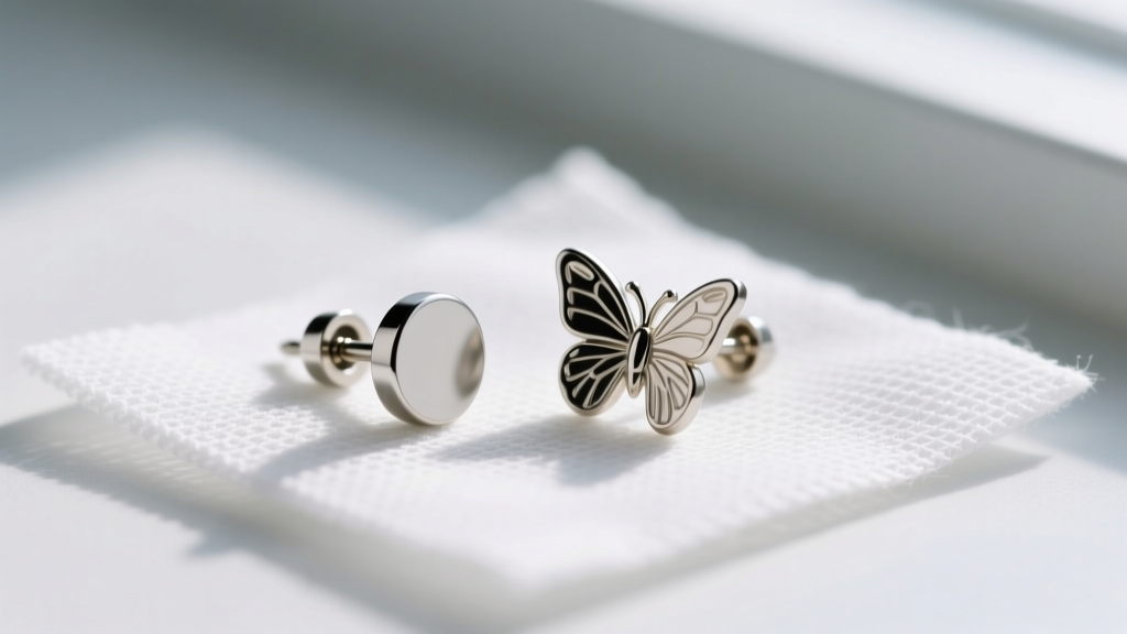 Macro shot comparing a threadless flat back earring stud pin beside a standard butterfly back on a sterile white gauze pad.