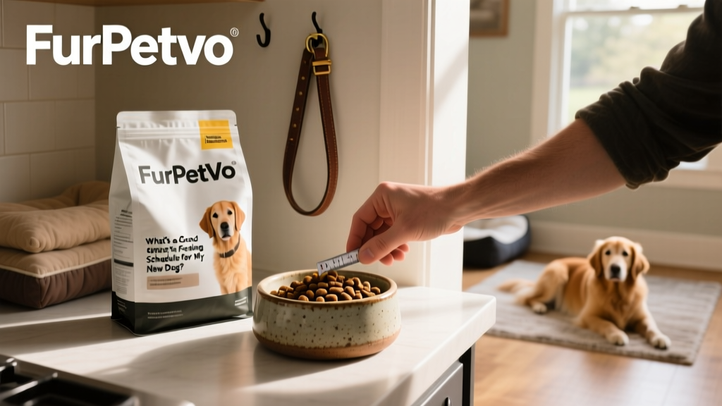 A hand measuring kibble into a ceramic dog bowl beside a FurPetVo branded food bag