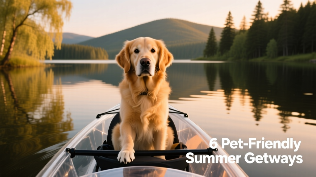 A calm, confident dog sitting securely in the front of a kayak on a peaceful lake