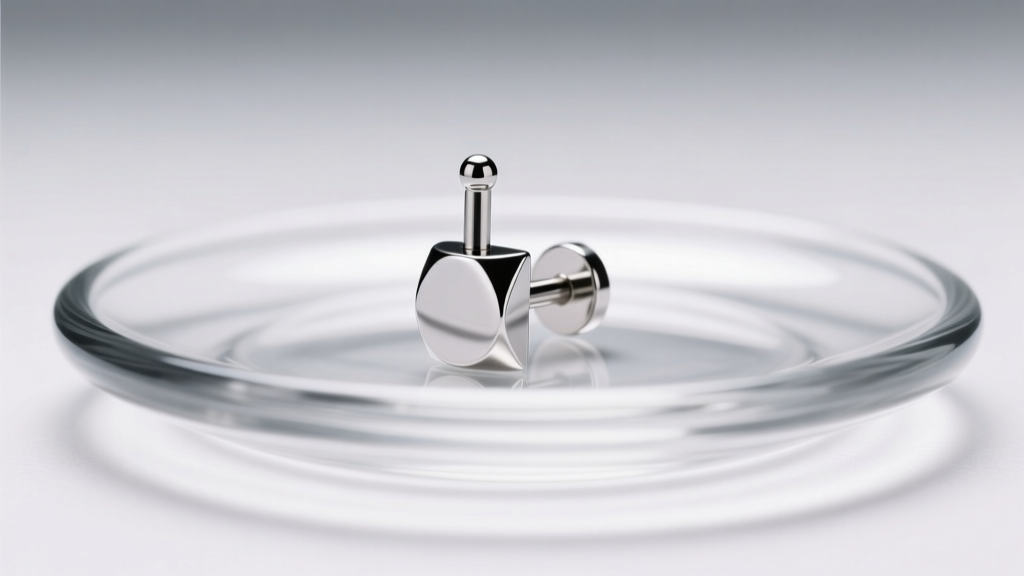 Macro shot of a polished 16-gauge titanium labret earring resting on a sterile glass dish under bright, soft, clinical lighting