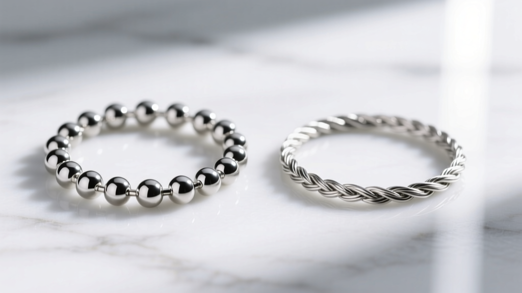 Macro shot of a 2.4mm stainless steel ball chain and a 925 sterling silver cable chain side-by-side on a white marble background.