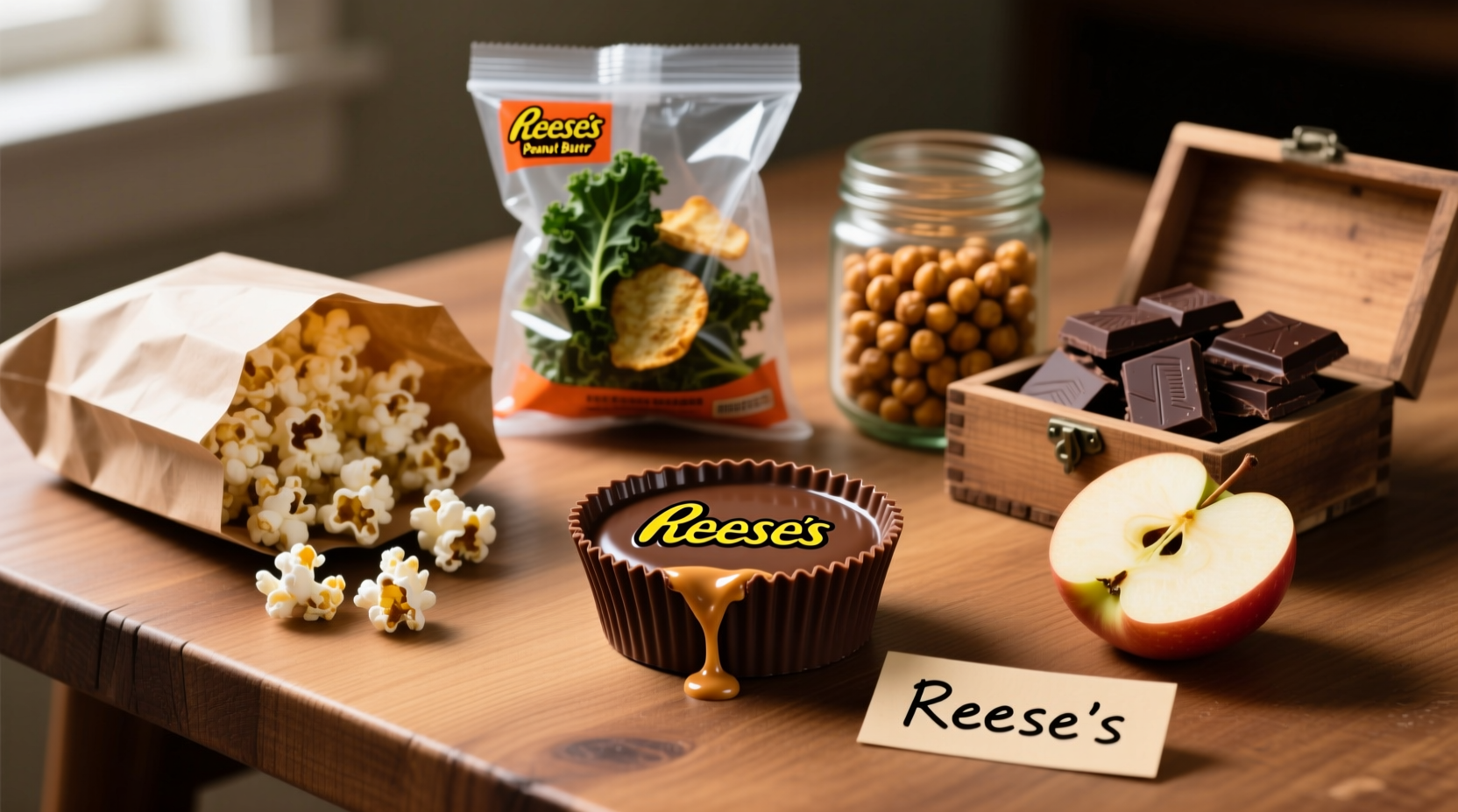 Reese's peanut butter cups next to various snack alternatives