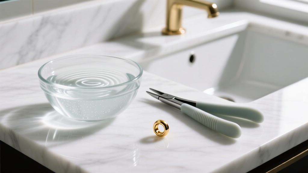 Saline bowl beside silicone hemostats and a 14k gold threadless earring end resting on a clean white marble bathroom counter