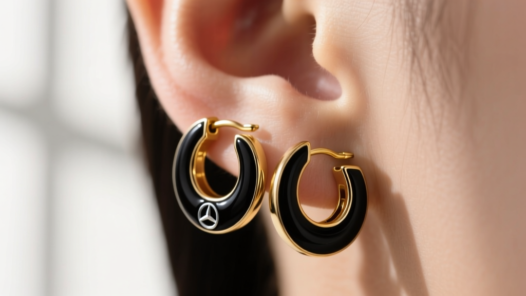 Close-up of black enamel and gold-plated Mercedes Benz logo huggie earrings showing a secure fit on a standard pierced earlobe.