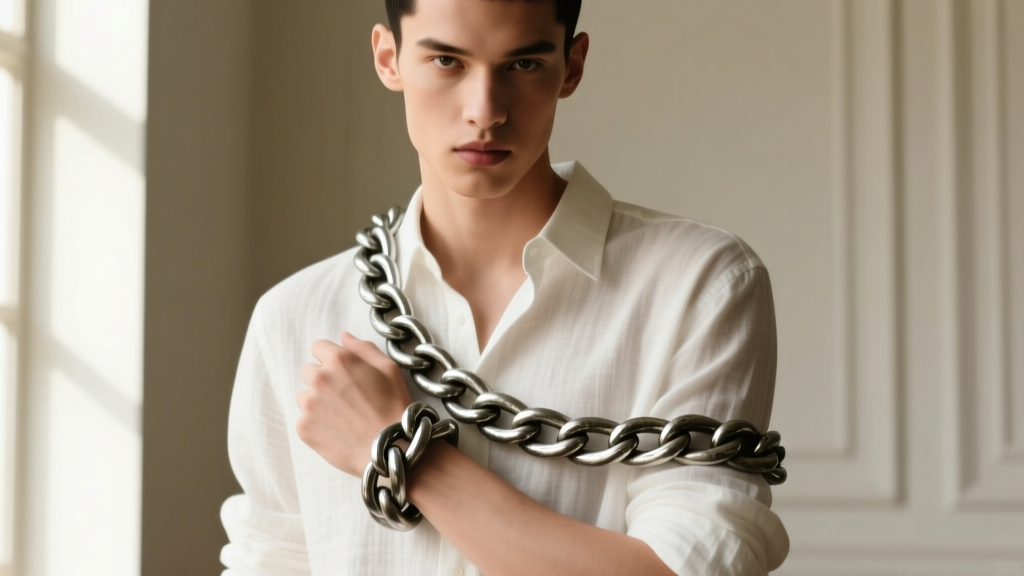 Subject wrapping an oversized 30-inch oxidized silver rope chain around their wrist, captured in soft natural window light.