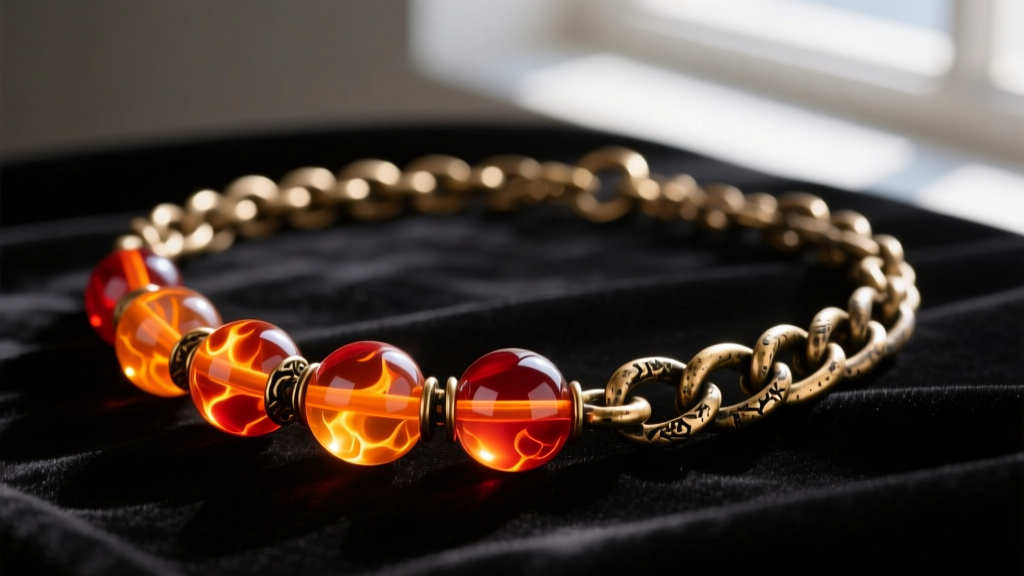 Close-up of a fantasy necklace with glowing orange and red resin beads on a thick antique brass chain, resting on dark velvet.