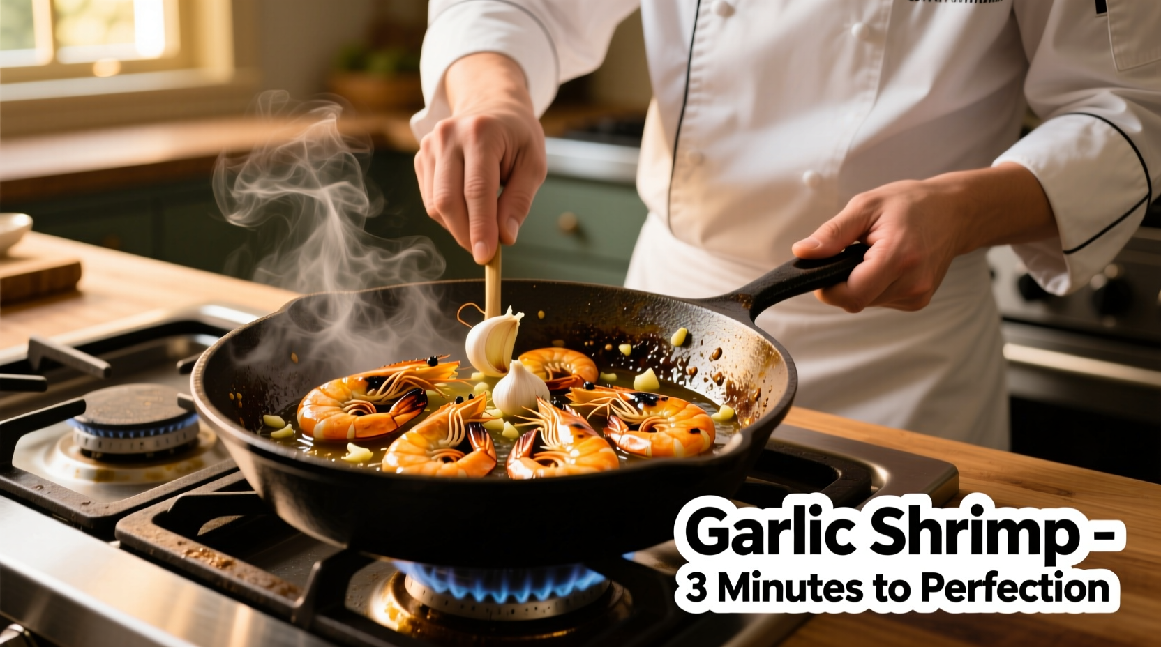 Chef preparing garlic shrimp in cast iron skillet