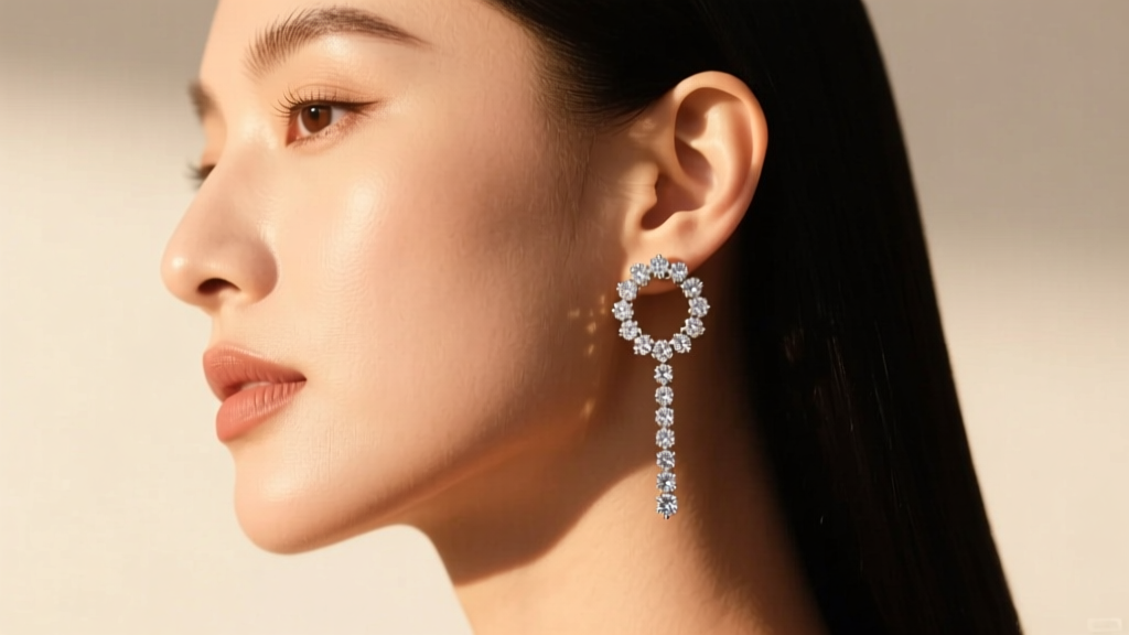 Side profile of a woman wearing a diamond halo cluster drop earring, showing how the drop elongates her jawline in warm light