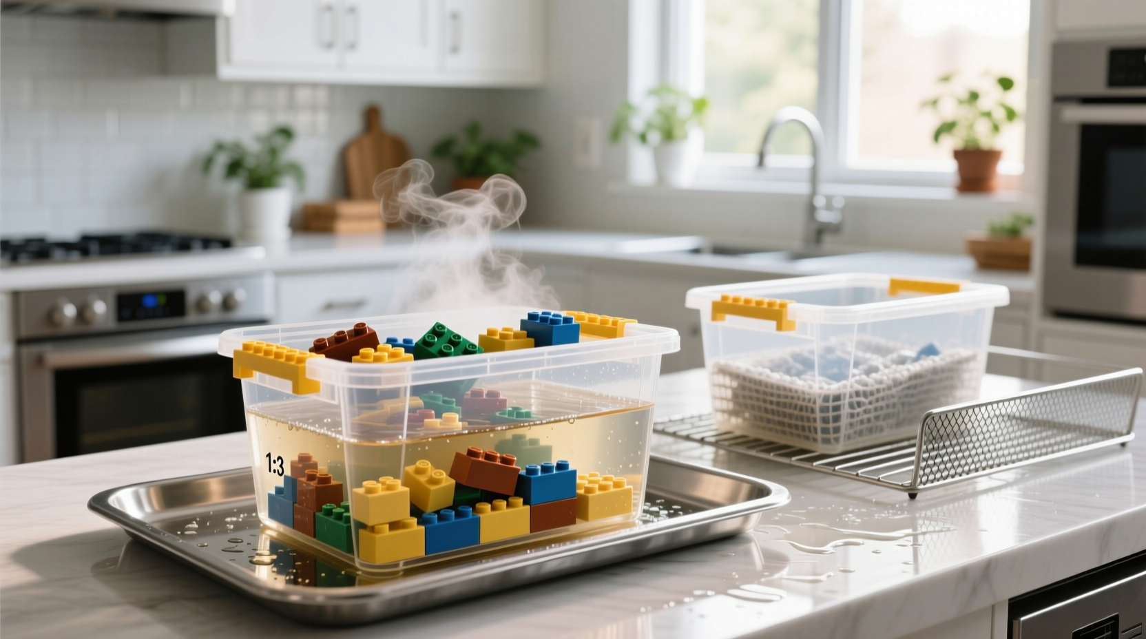 how to sanitize lego bins without warping plastic