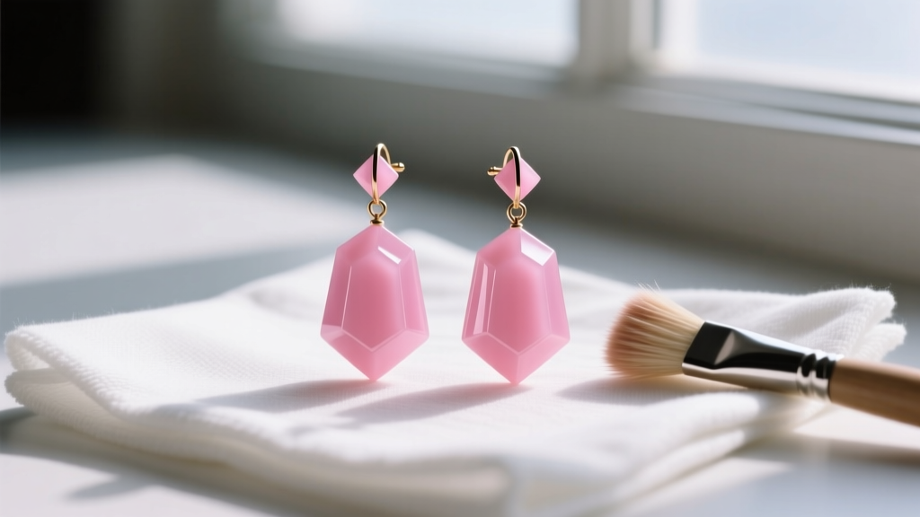 1930s Art Deco pink Bakelite drop earrings gently cleaned with a dry soft-bristled brush on a white microfiber cloth