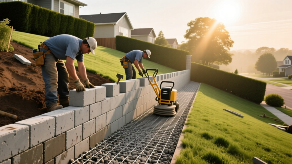 Landscaping crew installing interlocking concrete retaining wall blocks with geogrid reinforcement on a sloped suburban backyard