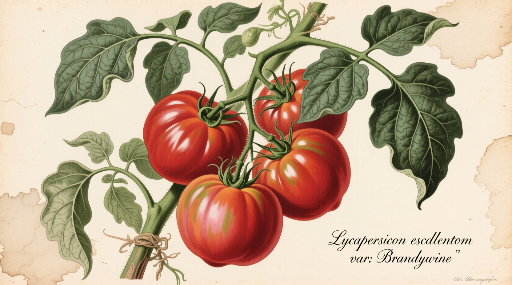 Ripe red Brandywine tomatoes on vine with characteristic potato leaves