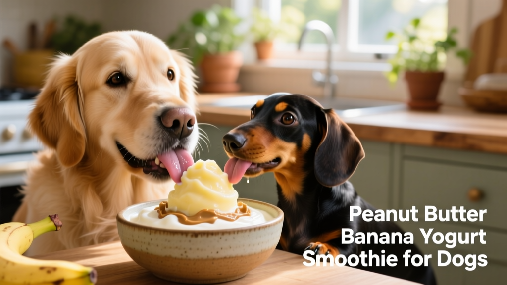 Two dogs happily licking a slice of pale-yellow frozen smoothie from a shallow bowl