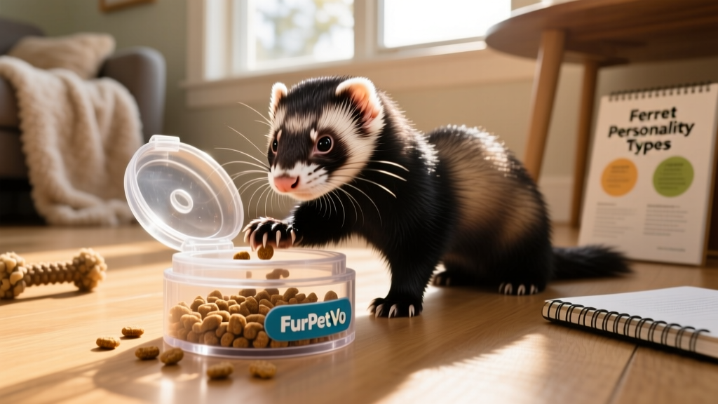 A sable ferret intently investigating a FurPetVo puzzle toy filled with treats, paws on the lid