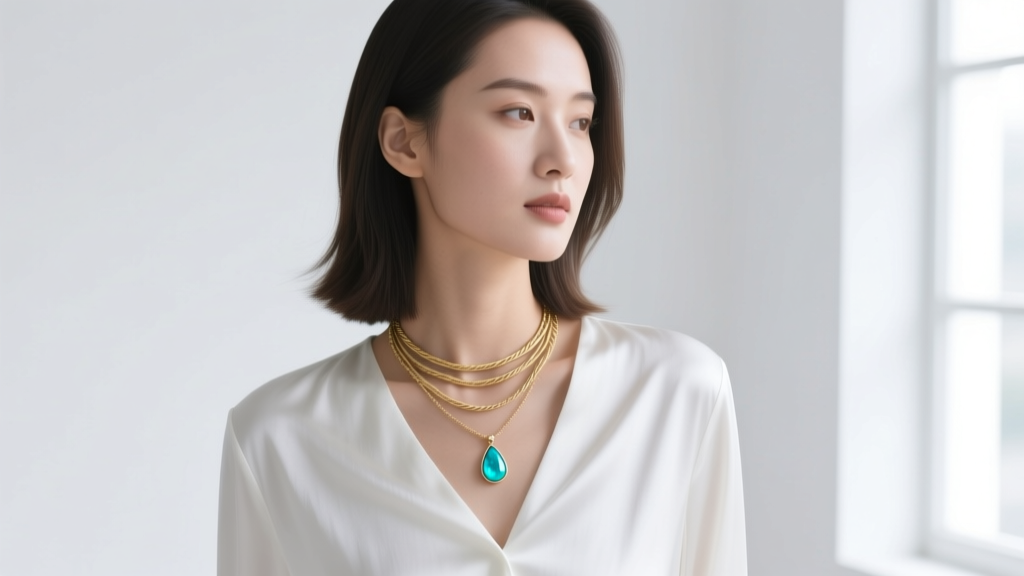 Woman wearing a layered necklace stack with a small teardrop turquoise pendant on a gold rope chain against a white blouse.