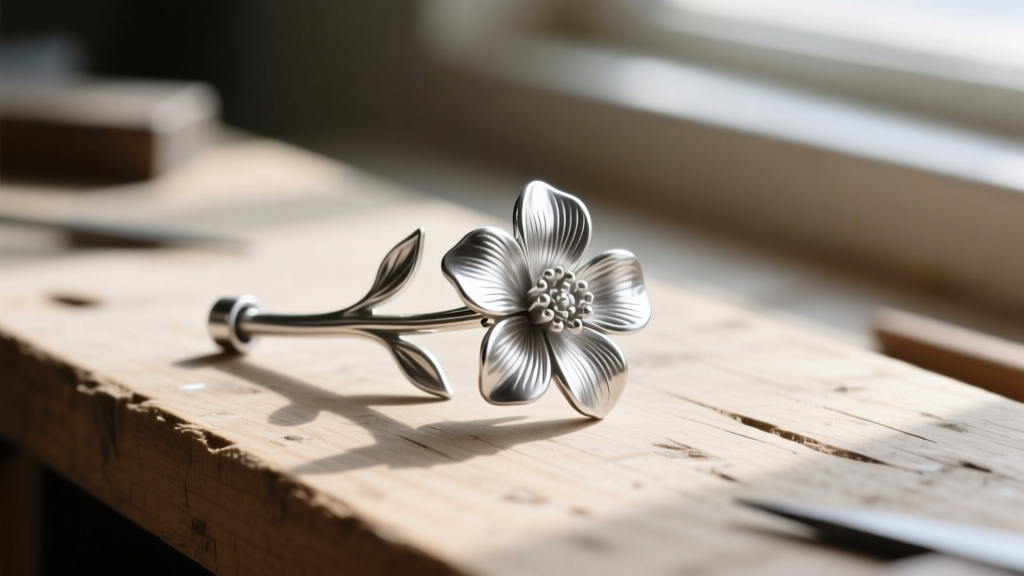 Close-up of raw silver floral earring sprue from lost-wax casting, showing rough textures before polishing on a wooden workbench.