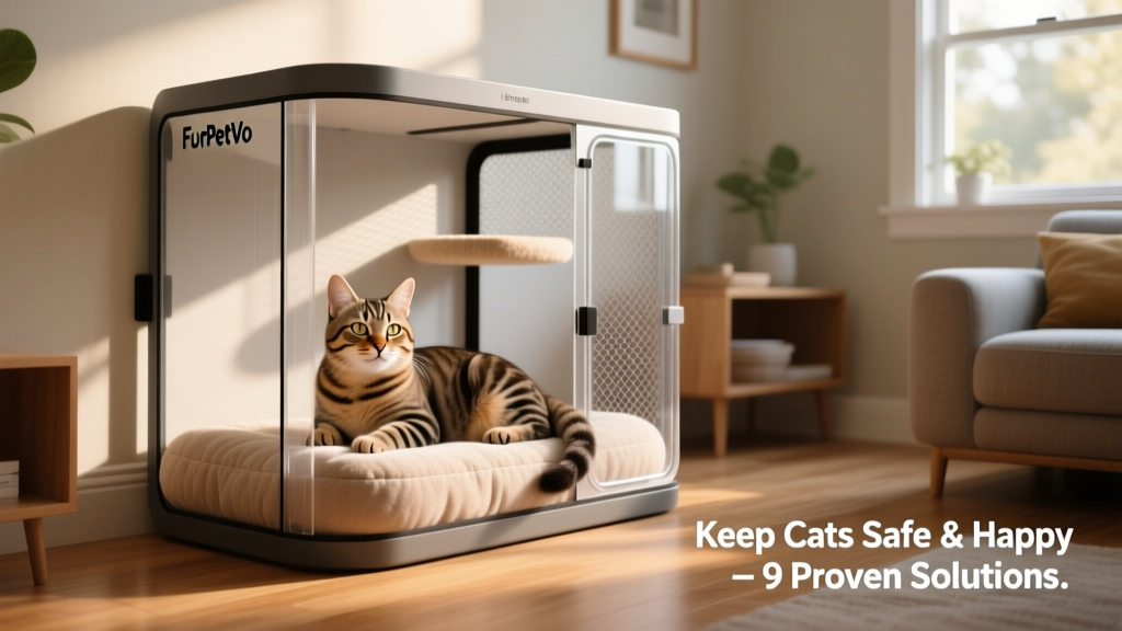 A happy, relaxed cat lounging on a padded platform inside a FurPetVo indoor cat run mounted along a living room wall