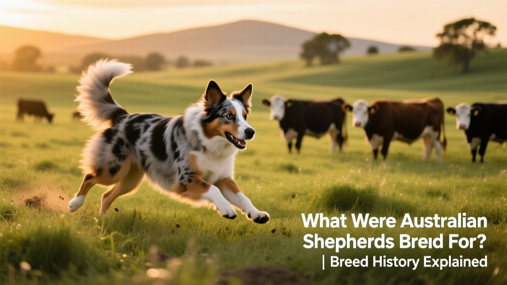 Australian Shepherd mid-herding, focused and alert with cattle in the background