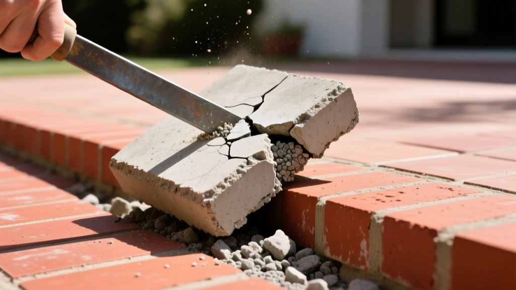 Close-up of a cracked concrete paver being pried up with a flat bar next to intact red clay brick pavers on a sunlit patio