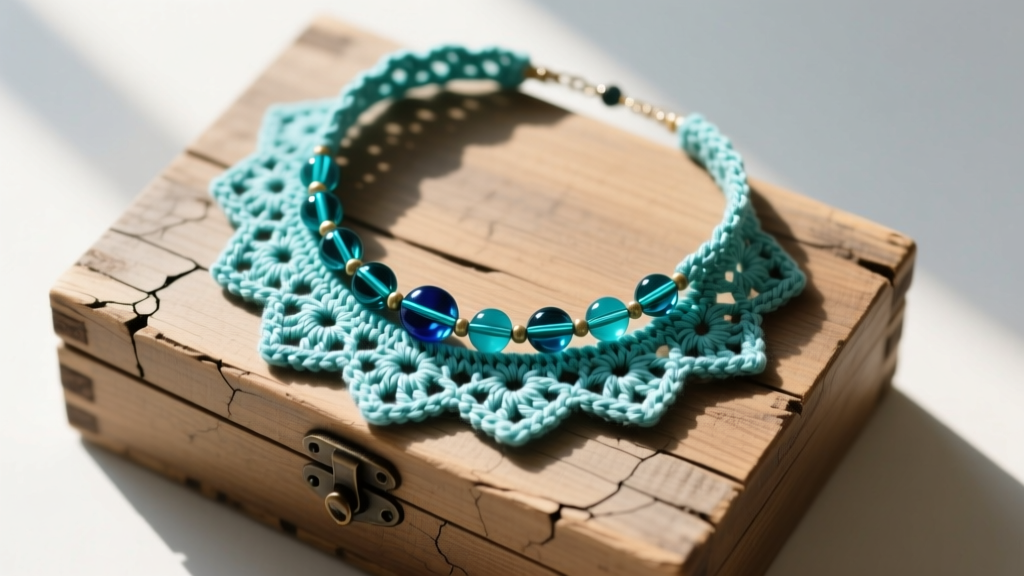Overhead flat lay of a handmade mercerized cotton crochet choker necklace with turquoise beads resting on a rustic wooden gift box
