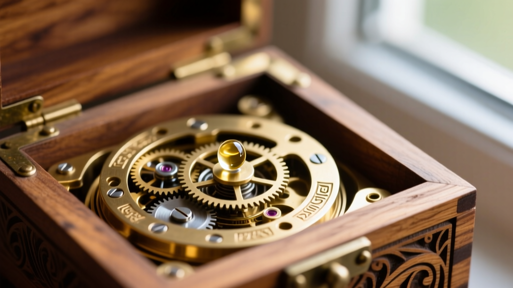 Brass musical movement inside a wooden nutcracker jewelry box, with a small drop of synthetic clock oil applied to the gear.
