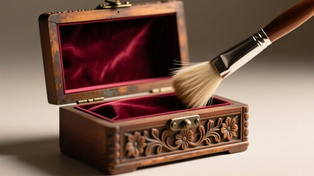 Soft horsehair brush dusting faded burgundy velvet lining of a vintage wooden jewelry box under warm, directional studio lighting.