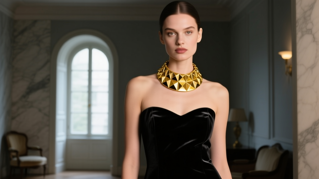 Woman in a strapless black velvet evening gown wearing a chunky 18k yellow gold collar necklace, photographed in a dimly lit room.