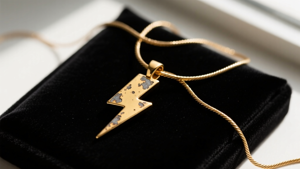 Tarnished gold lightning bolt pendant on a tangled 1.2mm cable chain resting on a dark velvet jewelry pad in soft lighting