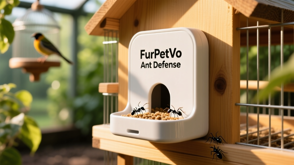 Close-up of ant bait station placed safely away from bird cage, labeled 'FurPetVo Ant Defense'