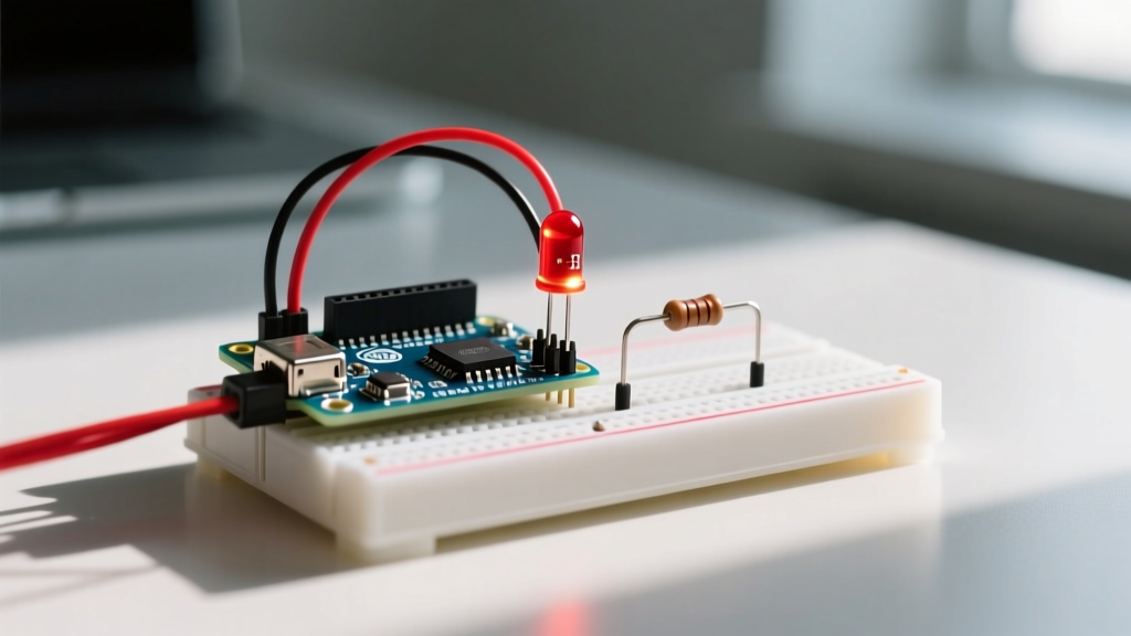 Schematic diagram showing an Arduino Uno Rev3 connected to a 5mm Light Emitting Diode and a 220-ohm current-limiting resistor on a breadboard.