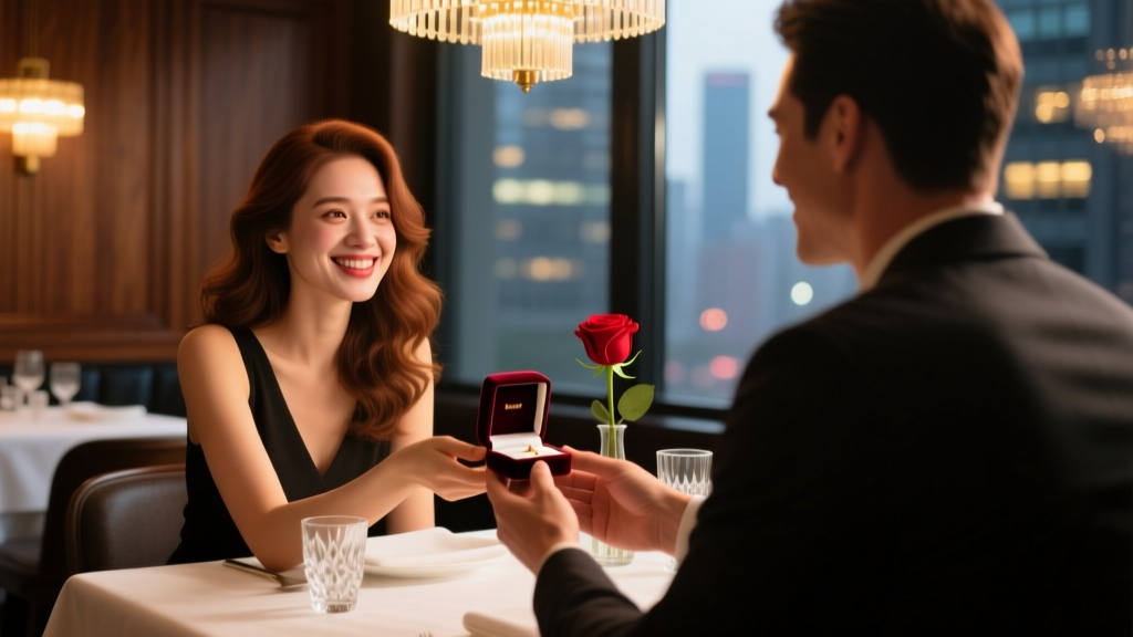 Woman receiving a small jewelry box from her partner at a dimly lit upscale restaurant, focusing on her joyful facial expression