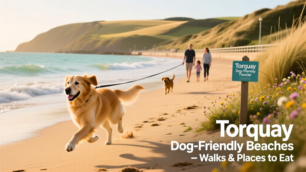 A happy dog running along a sunlit sandy beach in Torquay, with gentle waves and coastal dunes in the background