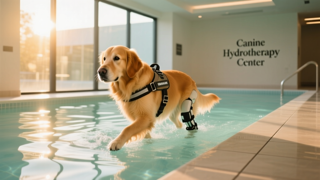 A calm, confident dog walking confidently through shallow warm water in a professional hydrotherapy pool, wearing a supportive harness