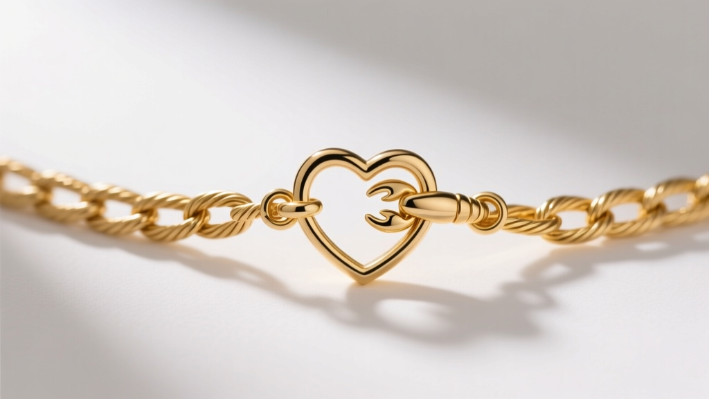 Extreme macro shot of a 1.0mm 14k gold cable chain and lobster clasp attached to a heart name pendant bail, studio lighting.