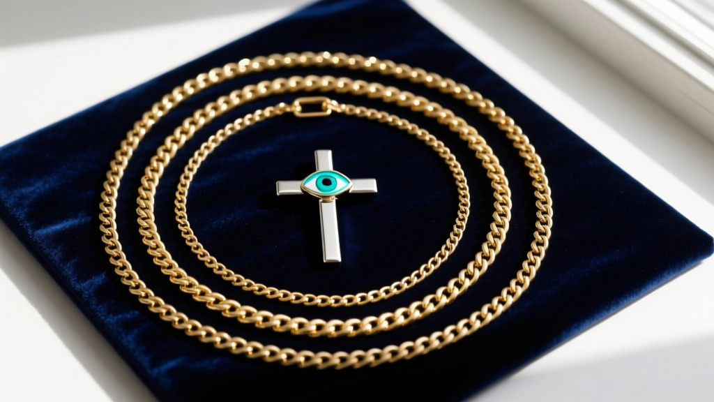 Flat lay of layered gold chains holding a minimalist cross and a turquoise evil eye charm, arranged neatly on a dark velvet pad.