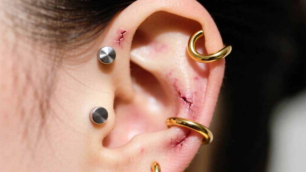 Close-up of a healed ear featuring a four earring piercing layout with titanium flat-back studs and a gold helix hoop, studio lit