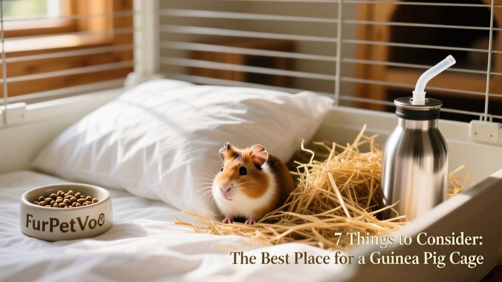 Close-up of soft, white paper bedding in a FurPetVo cage with fresh timothy hay, a ceramic food dish, and a stainless steel water bottle