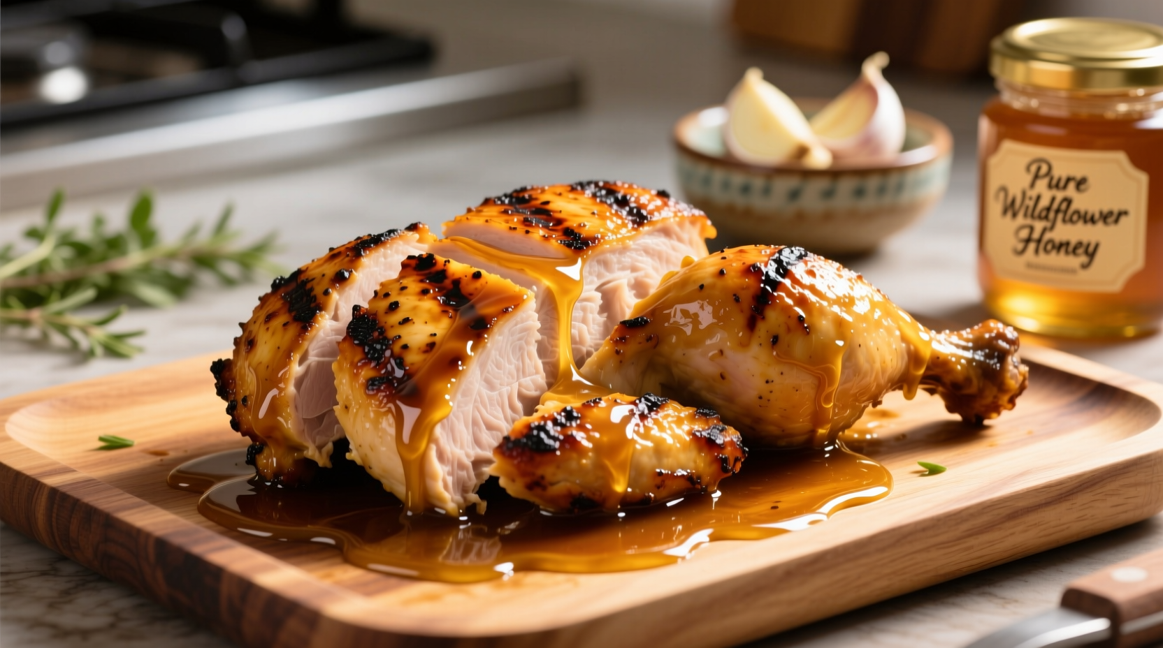 Golden garlic honey sauce drizzled over grilled chicken