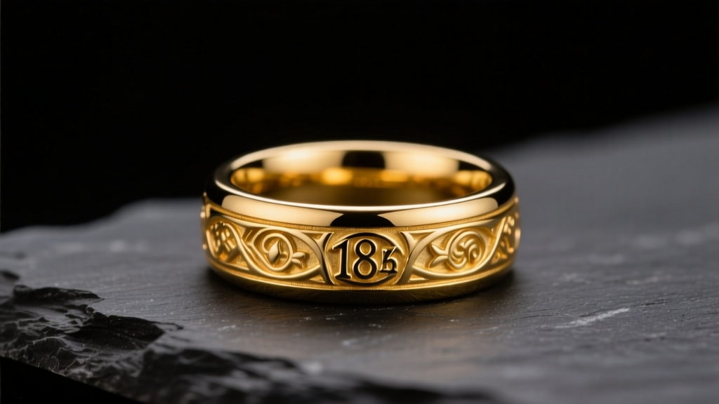 Close-up of a gleaming 18k solid yellow gold signet ring resting on dark slate, illuminated by soft, warm studio lighting.