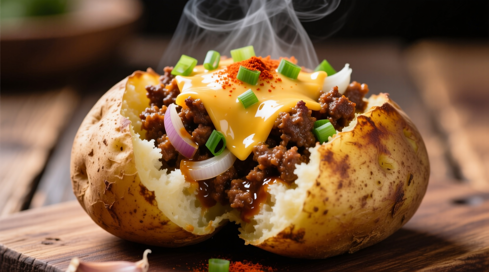 Baked potato topped with savory ground beef mixture