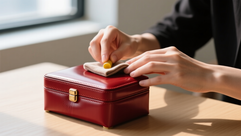 Hands applying leather conditioner to a burgundy red leather jewelry box exterior using a soft microfiber cloth in a well-lit room.