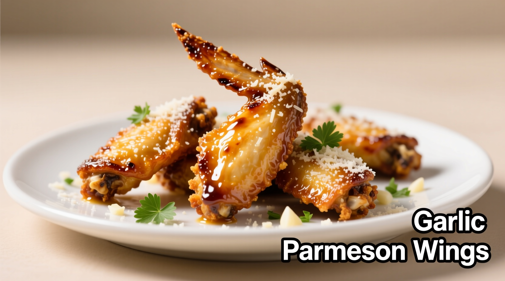 Crispy golden garlic parmesan wings on white plate
