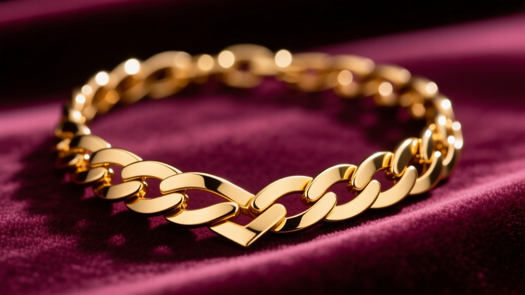 Macro shot of a kinked gold herringbone necklace on velvet, showing a sharp fold in the flat links under warm studio light.