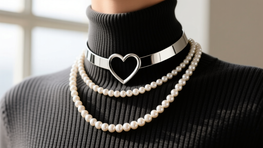 Layered stack featuring a 14-inch silver heart choker and an 18-inch pearl strand worn against a dark ribbed turtleneck sweater.