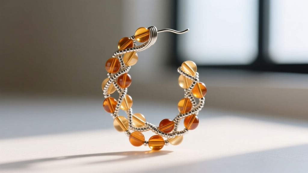 Side view of flexible right-angle weave beaded earring showing drape, crafted with translucent amber seed beads and silver thread