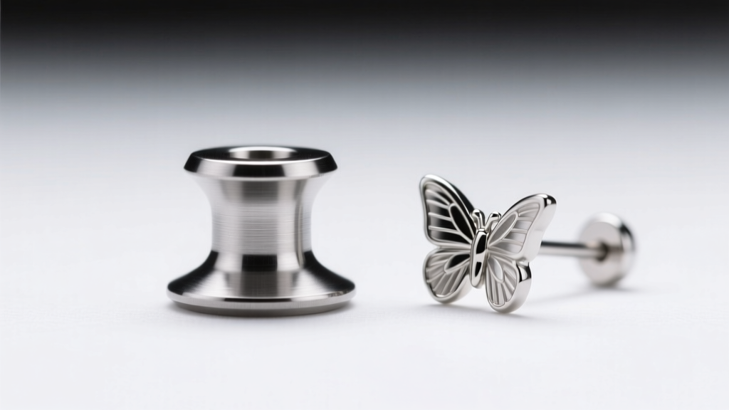 Macro shot comparing an ASTM F-136 titanium flat-back labret and a standard butterfly earring post to show thickness differences.