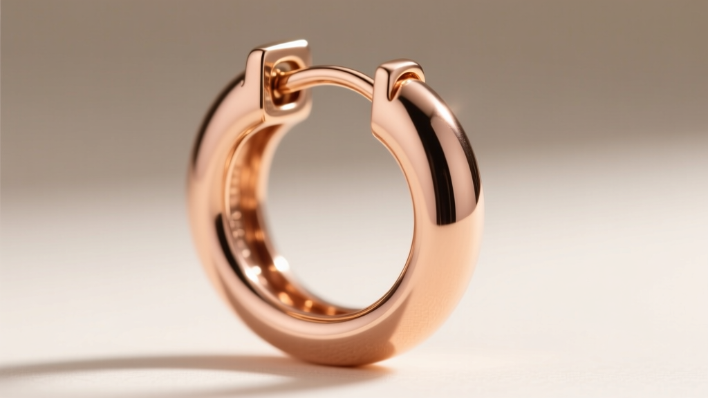 Macro shot of an 18-gauge hinged clicker closure on a hollow 14k rose gold puffy hoop earring, showing the secure metal latch.