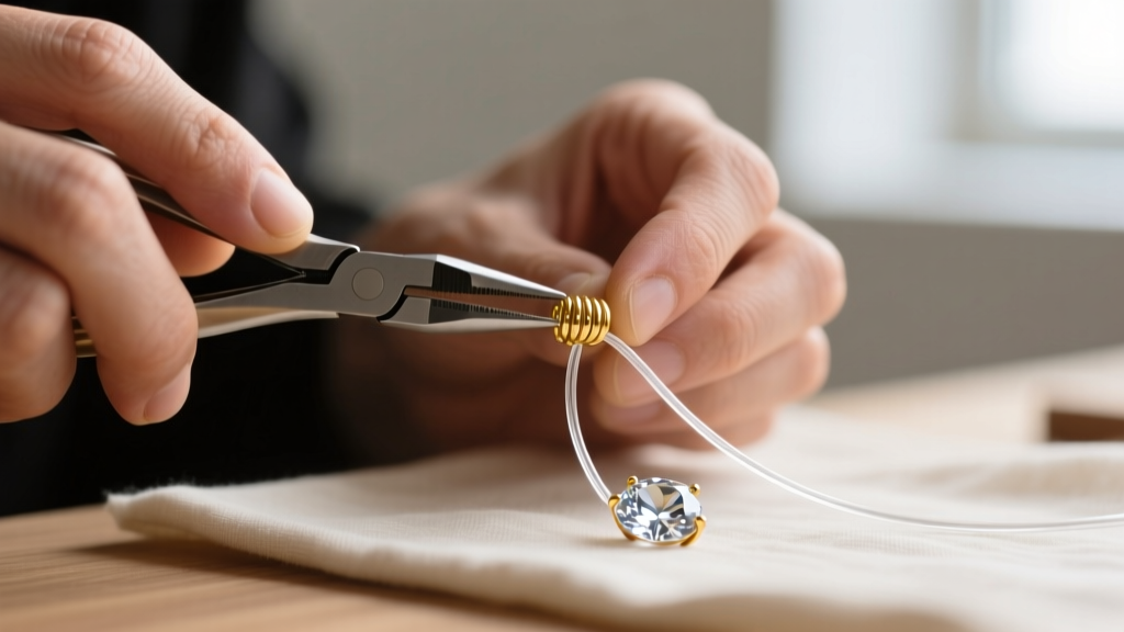 Macro shot of jeweler hands using micro-crimping pliers to secure a tiny gold crimp bead over clear beading wire near a gemstone.