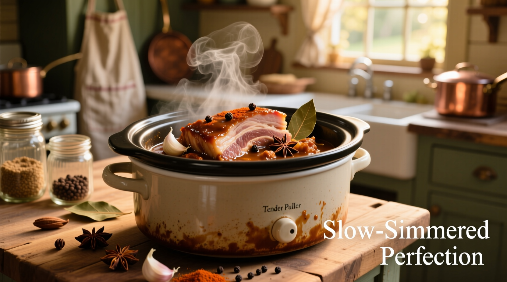 Slow cooker filled with tender pulled pork and spices
